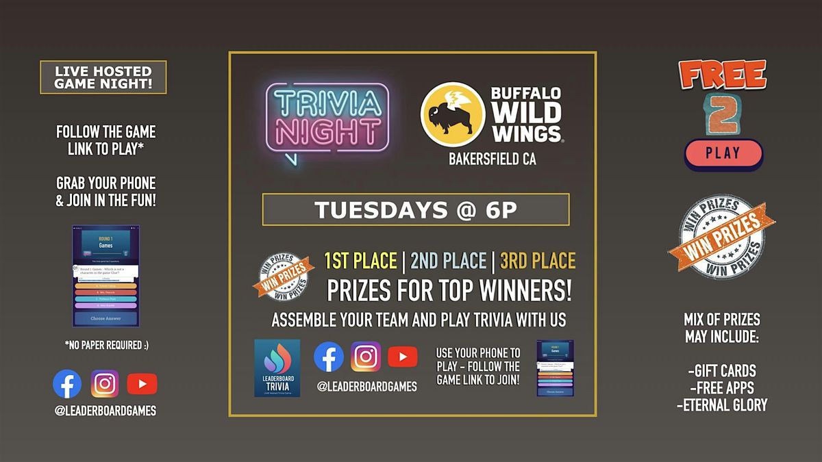 Trivia Night | Buffalo Wild Wings Bakersfield CA - TUE 6p @LeaderboardGames | Event in Bakersfield | AllEvents