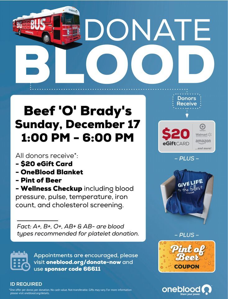 OneBlood Drive at Beef O Bradys Mount Dora , Beef 
