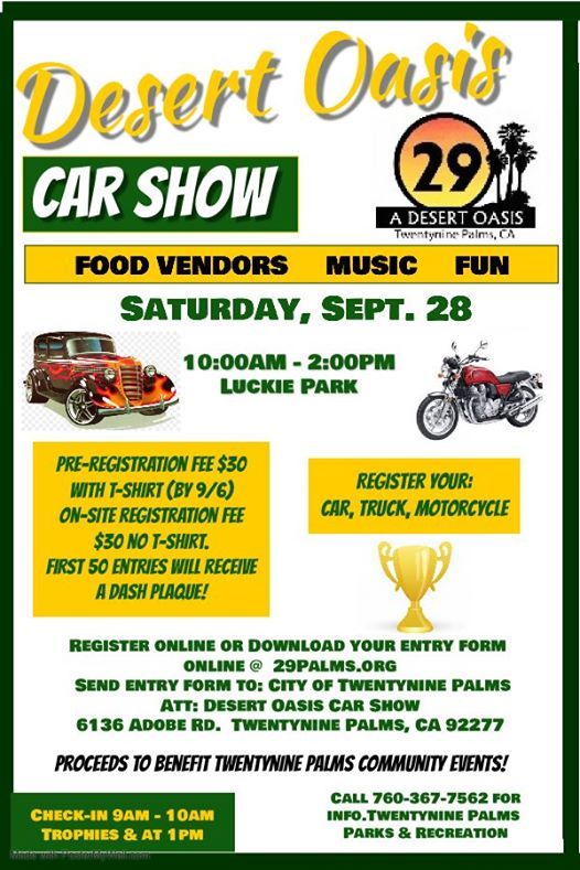 Desert Oasis Car Show Registration Extension!, Twentynine Palms Parks
