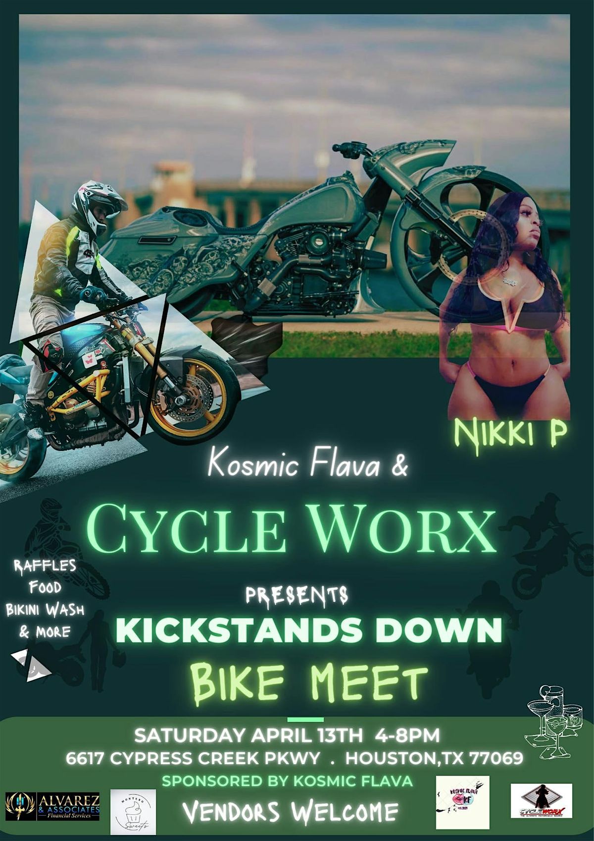 Kosmic Flava presents Kickstands Down Bike Meet, Cycle Worx Motorcycle Shop & Towing, Houston