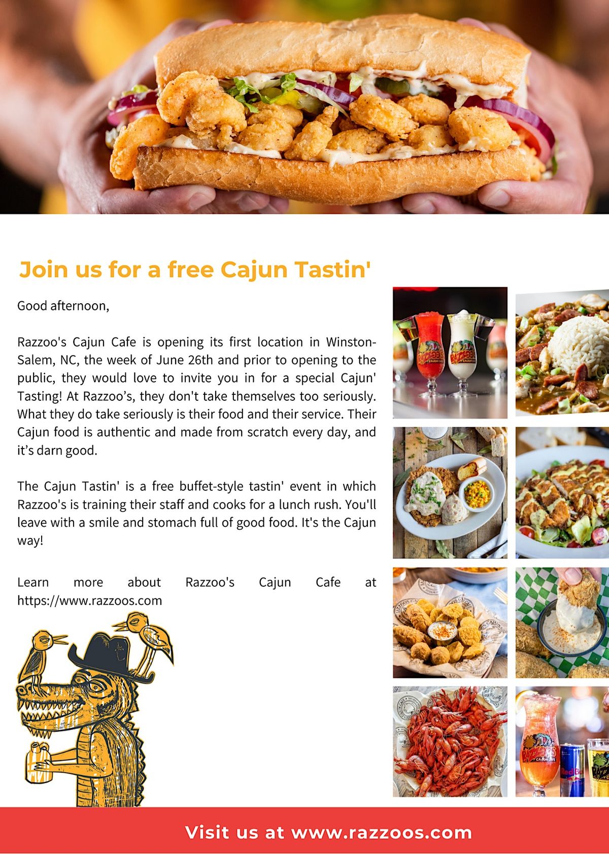 FREE CAJUN TASTIN AT RAZZOOS CAJUN CAFE, Razzoo's Cajun Cafe, Winston