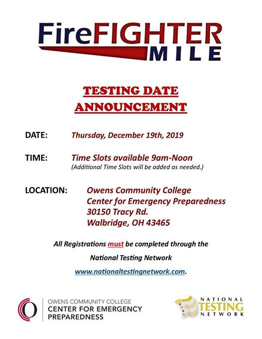 Firefighter Mile Agility Testing, Owens Community College Center for