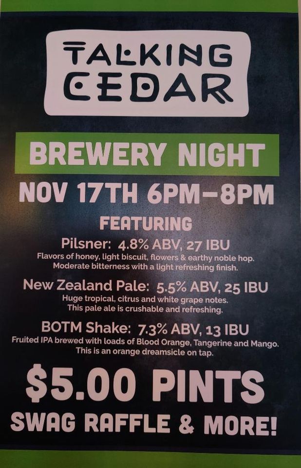Brewery Night with Talking Cedar, The Spar Tavern, November 17