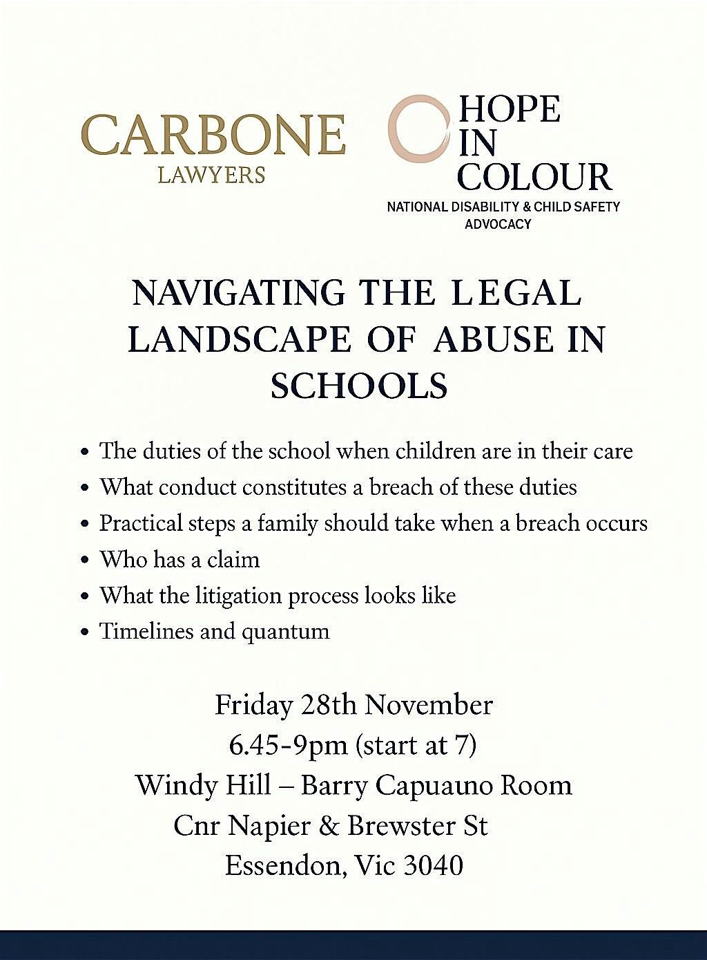 Navigating the Legal Landscape of Abuse in Schools, 28 November | Event in Essendon | AllEvents