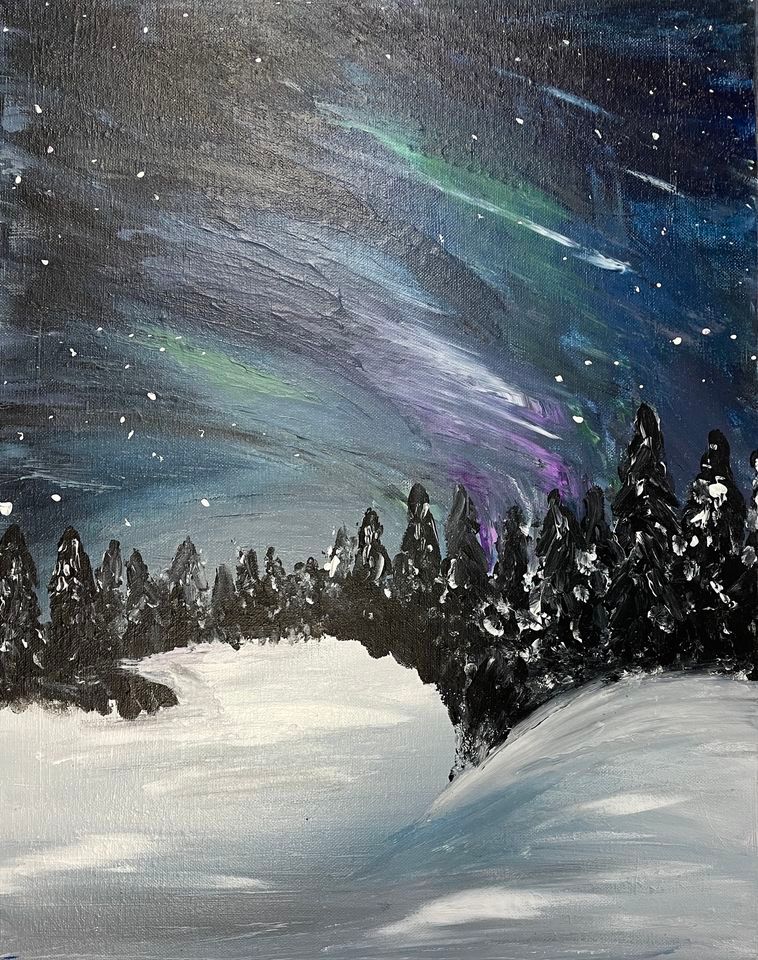 Northern Lights Finger Painting Sip & Paint Canvas Class, Painted Grape