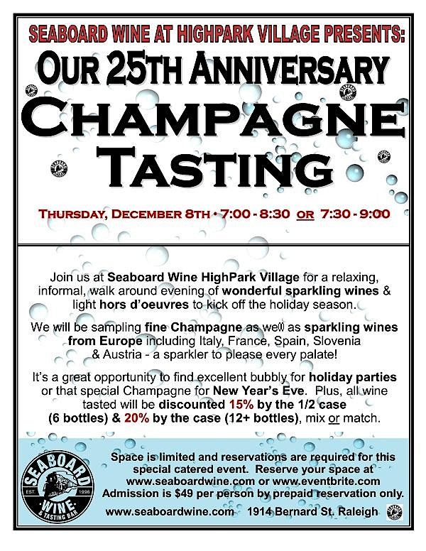 25th Anniversary Champagne & Sparkling Wine Tasting!, Seaboard Wine at HighPark Village, Raleigh