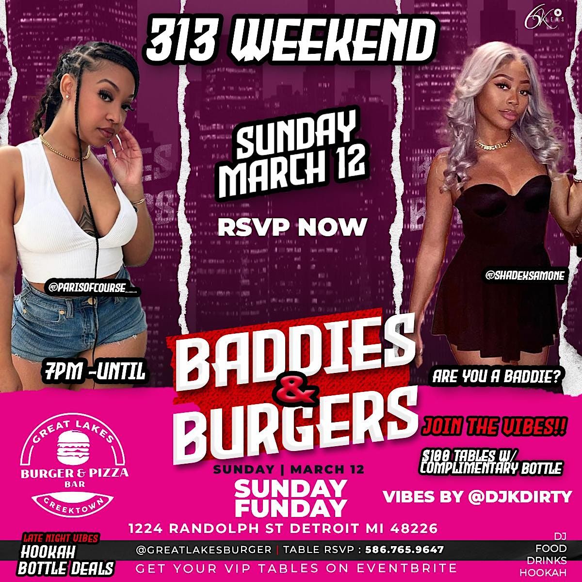 Baddies & Burgers, Great Lakes Burger & Pizza Bar, Detroit, 12 March to