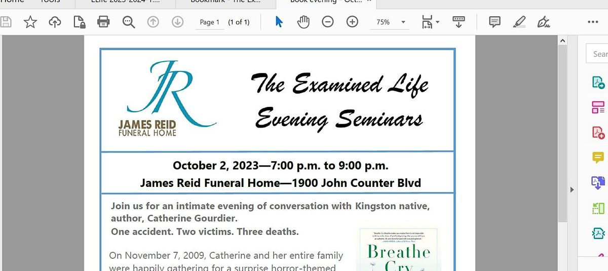 The Examined Life Evening Seminars - Book Night, James Reid Funeral