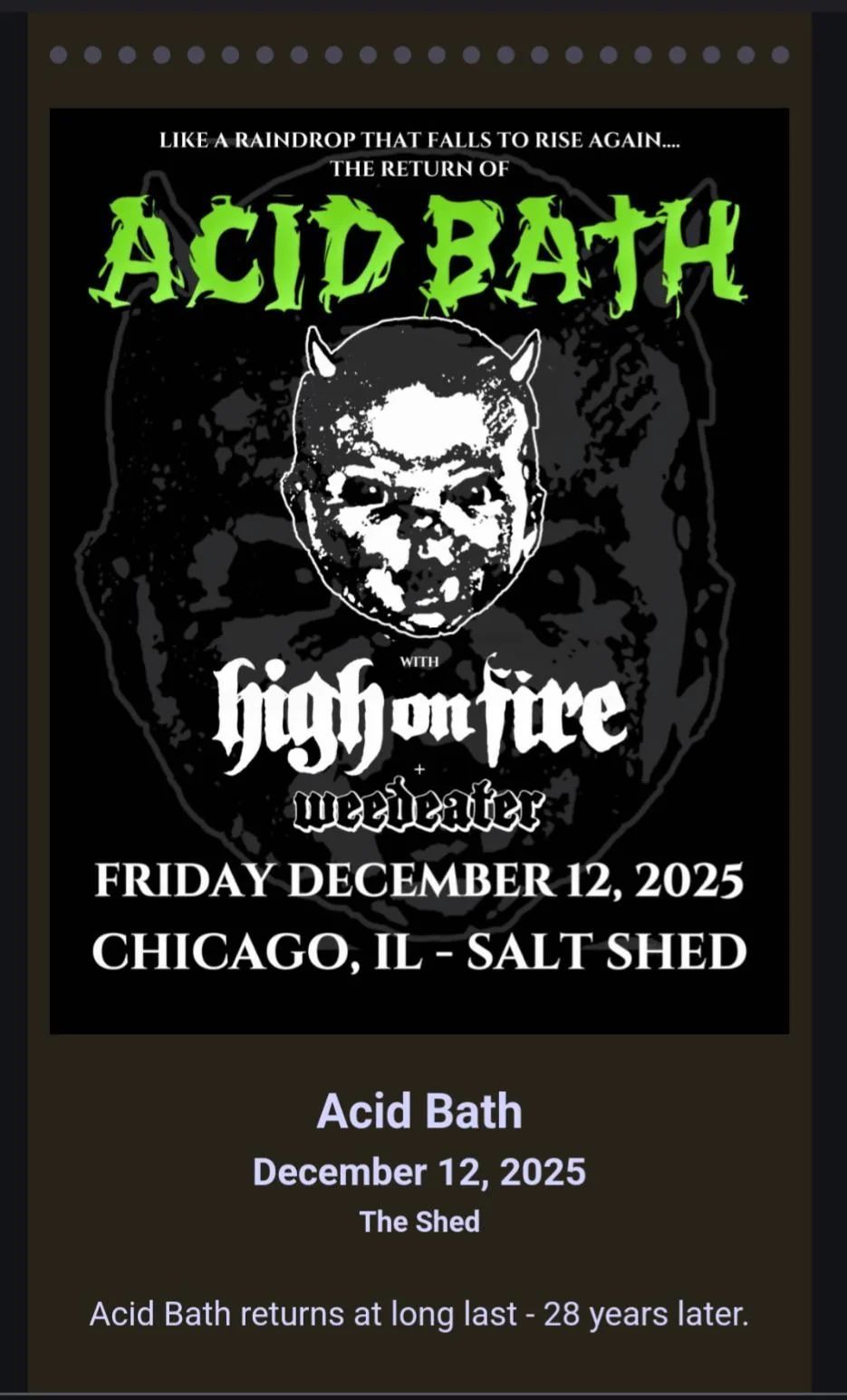 Acid Bath with High on Fire and Weedeater at Salt Shed - Indoor Shed, 12 December | Event in Chicago | AllEvents