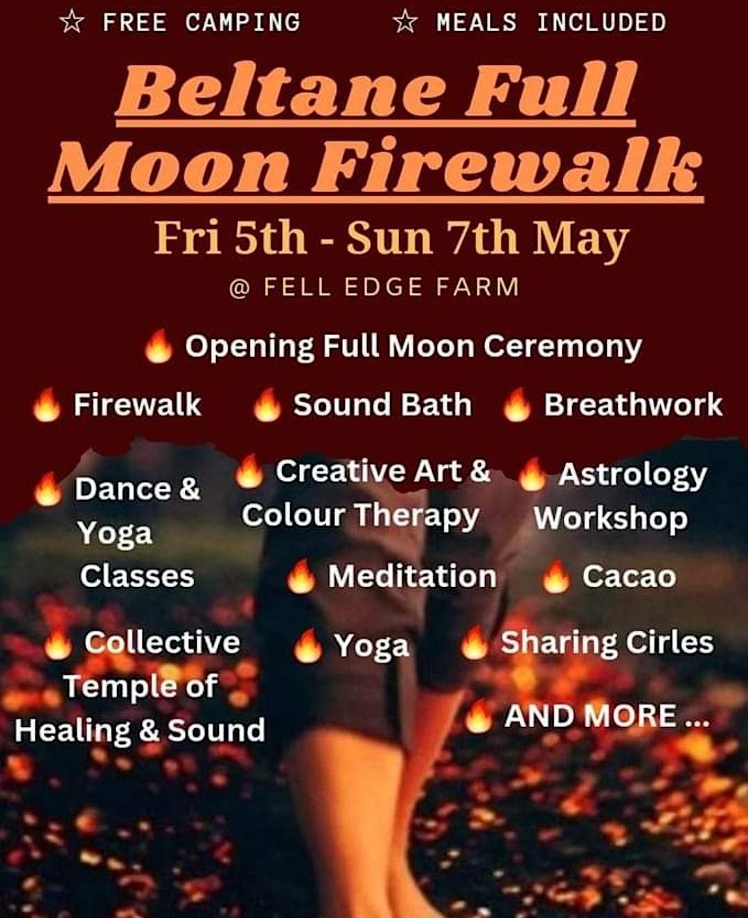 Beltane full moon firewalk festival, FELL EDGE, Addingham, 5 May to 7