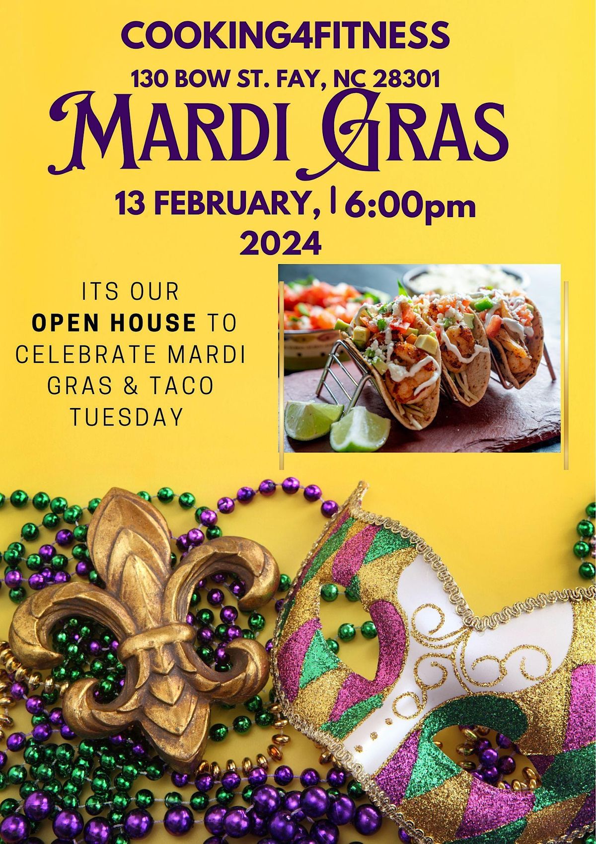 Mardi Gras Taco Cooking4Fitness Fiesta", 130 Bow St, Fayetteville