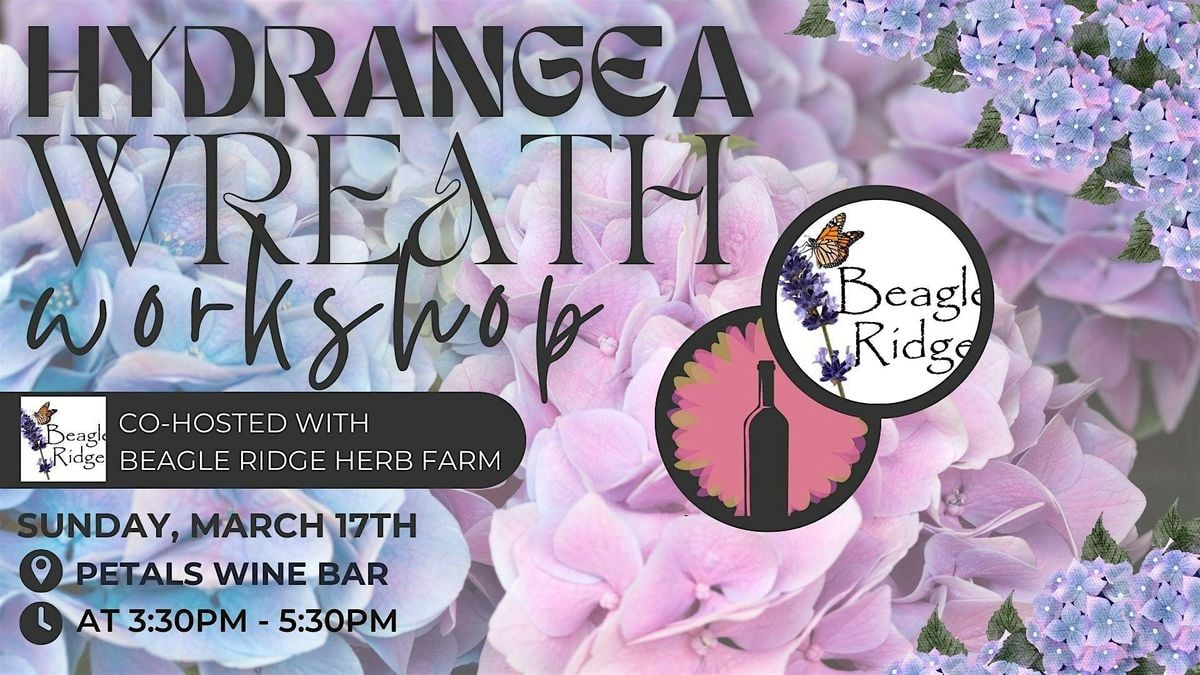 Hydrangea Wreath with Beagle Ridge, Petals Wine Bar