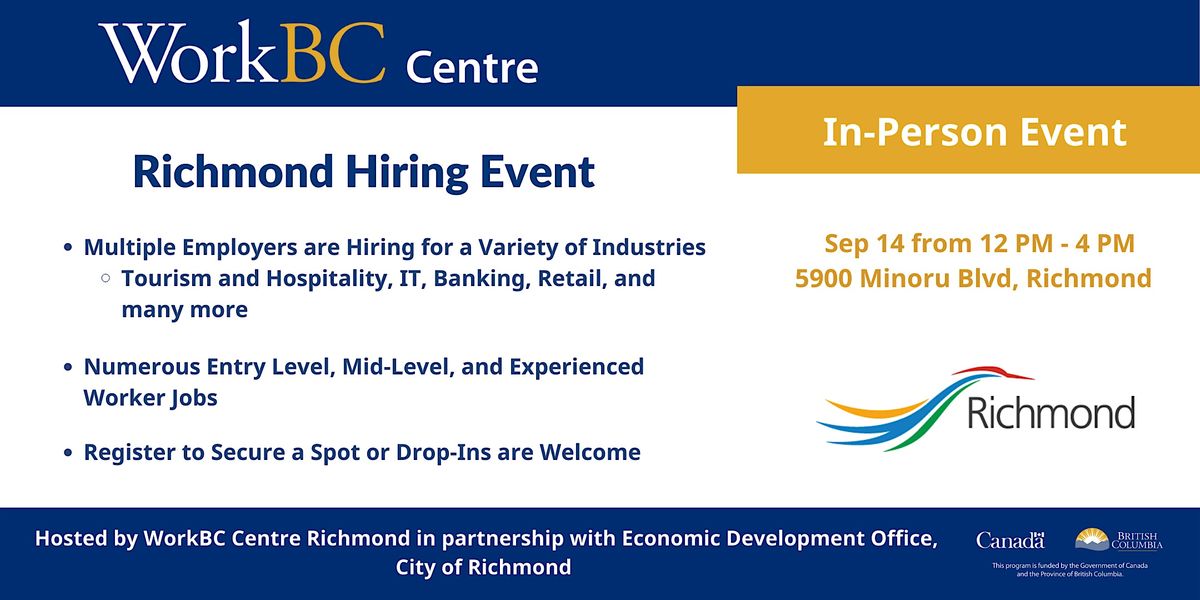 Richmond Hiring Event Sep 14 from 12pm4pm City of Richmond, City