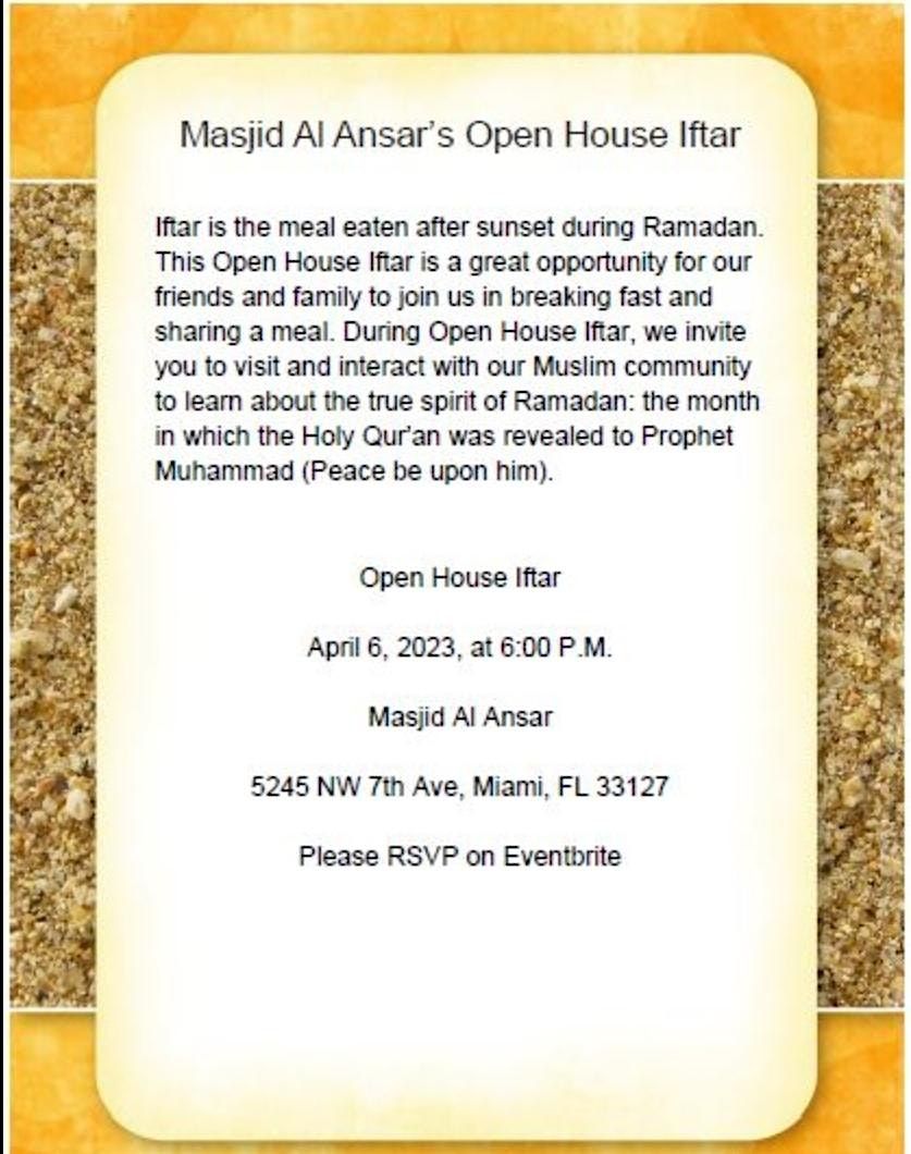 Ramadan Open House Iftar at Masjid AlAnsar, Masjid AlAnsar, Miami