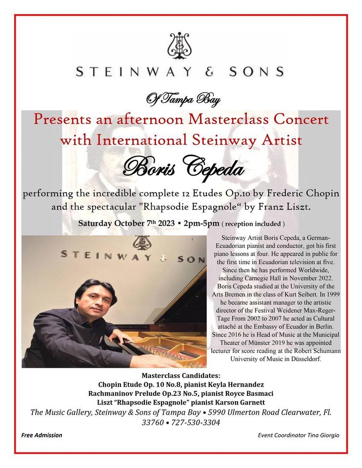International Steinway Artist Boris Cepeda Masterclass Concert Event