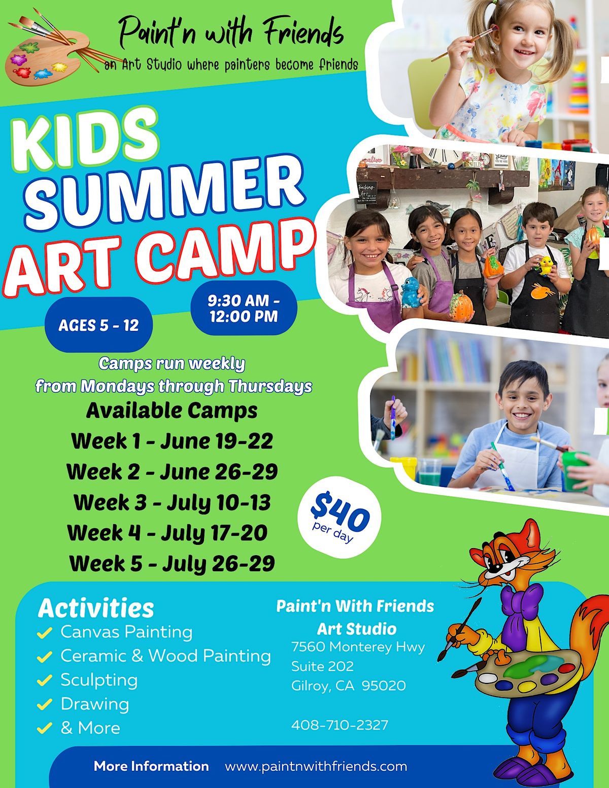 Kids Summer Art Camp Session 3, Paint'n With Friends Art Studio