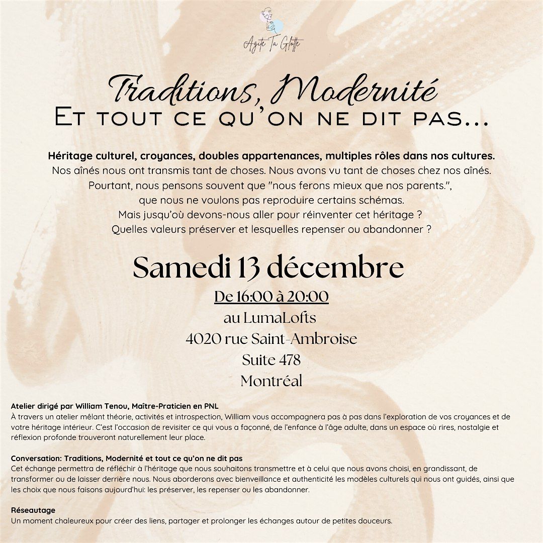 Agite ta Glotte: « Traditions, modernité et tout ce qu'on ne dit pas », 13 December | Event in Montréal