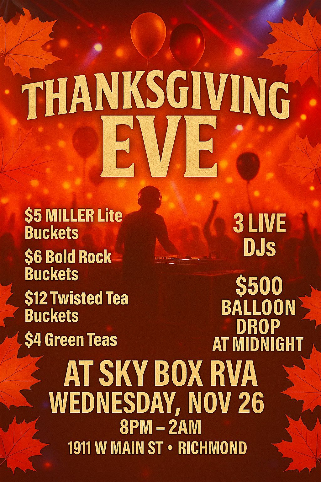 Thanksgiving Eve (Bucket Night) at SkyBox RVA ~ WED 11/26/25 | Event in Richmond | AllEvents