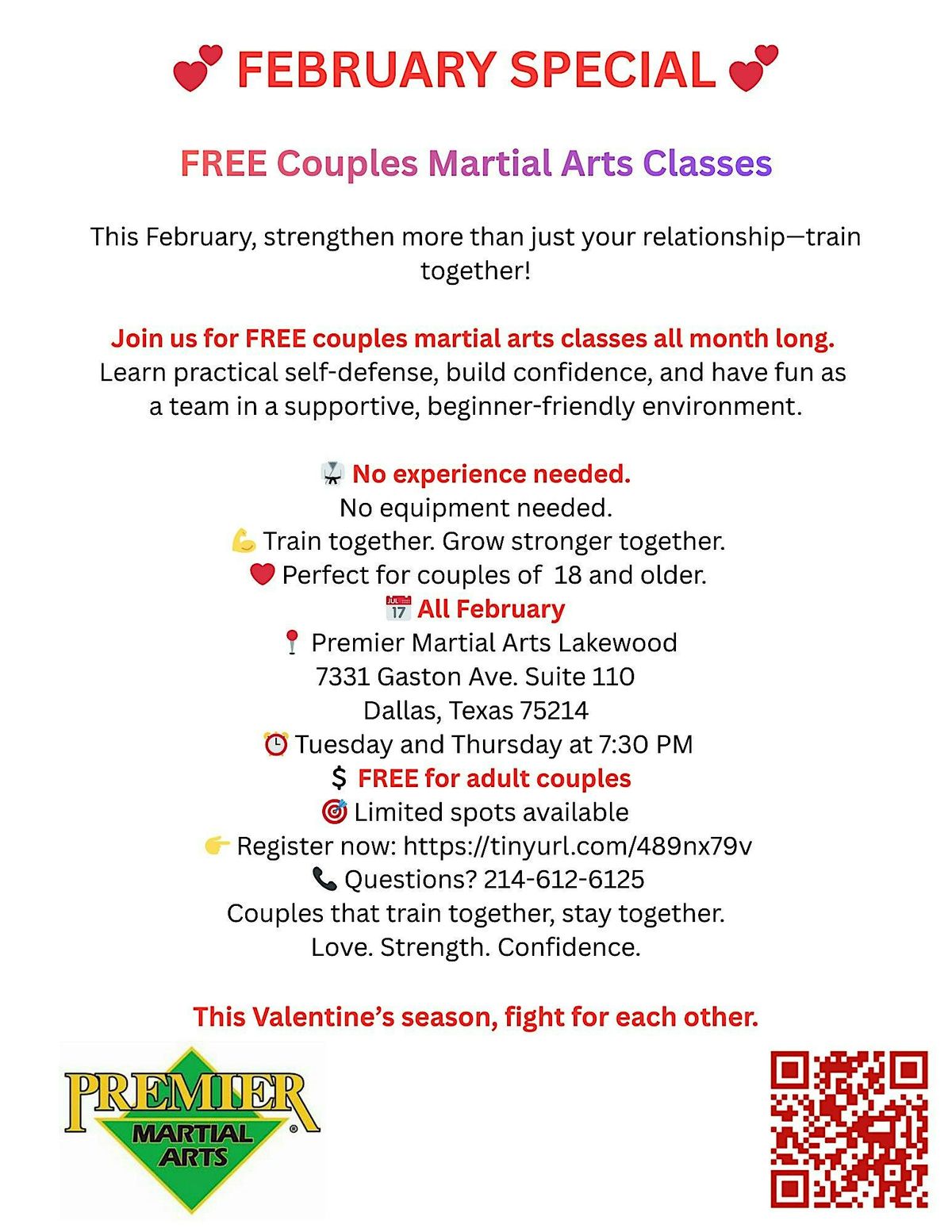 FREE MARTIAL ARTS CLASSES FOR COUPLES TUE/THUR AT 7:30 PM AGES 18 AND UP