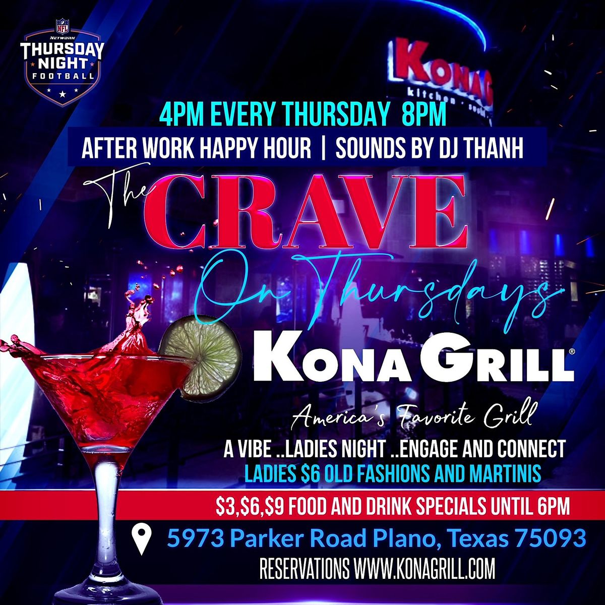 The Crave after work happy hour, Kona Grill Plano, September 22 to