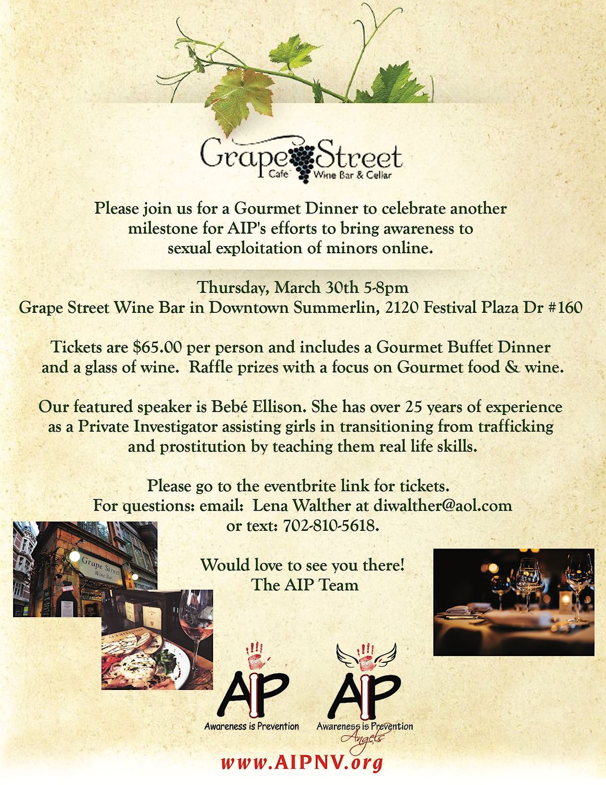 Fundraiser for AIP Gourmet Dinner at Grape Street Wine Bar, Grape