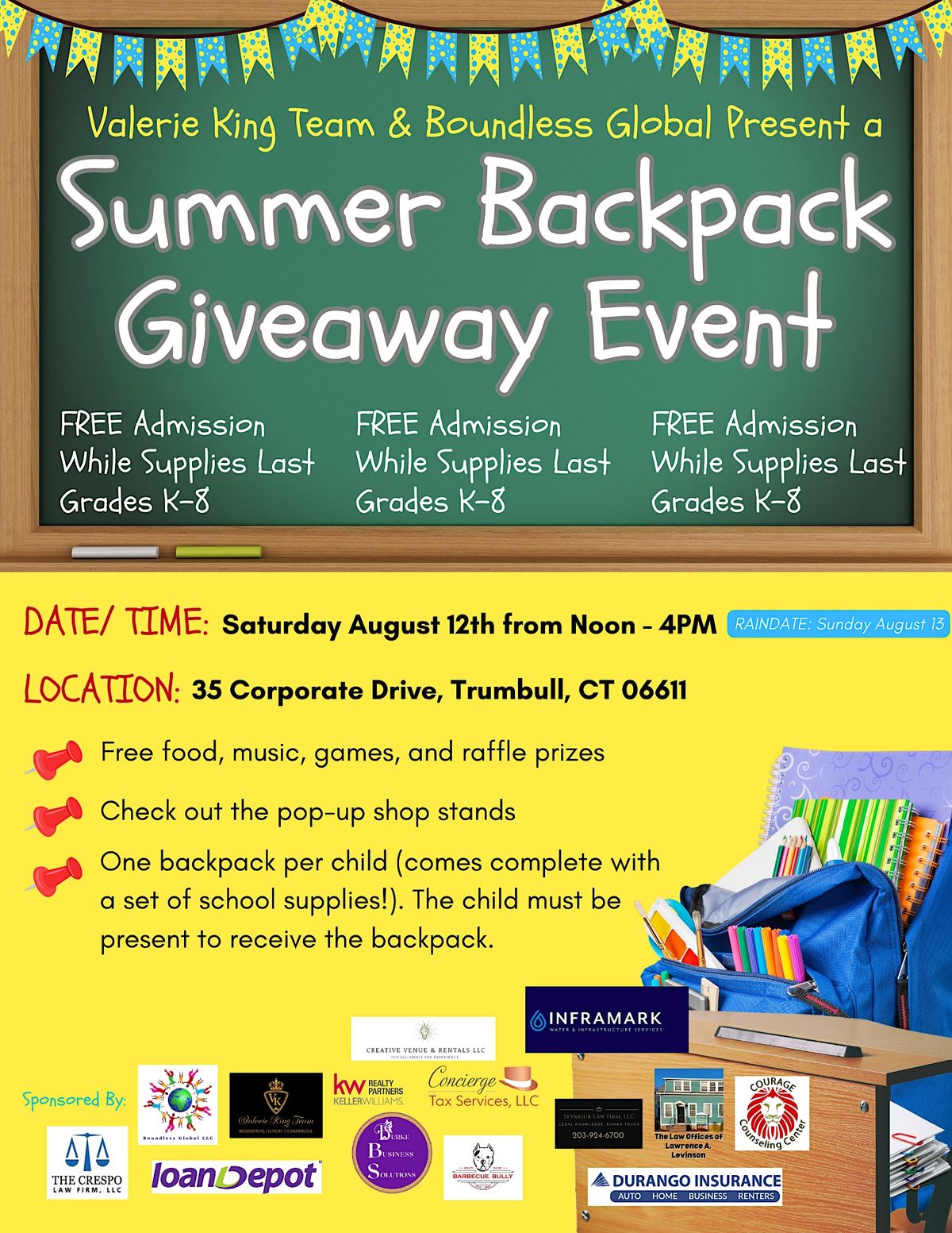 Free Community Event! Backpack & School Supplies Giveaway, 35 Monroe Turnpike, Trumbull, 12