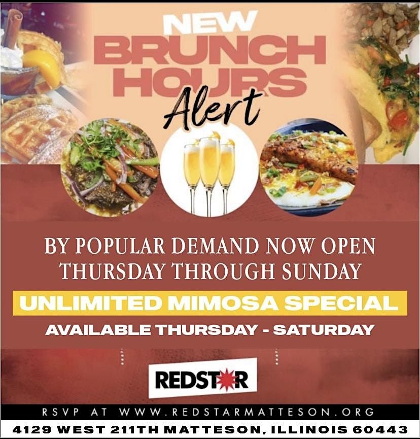 THURSDAY BRUNCH UNLIMITED MIMOSA, Red Star Matteson, May 4 to March 27 AllEvents.in