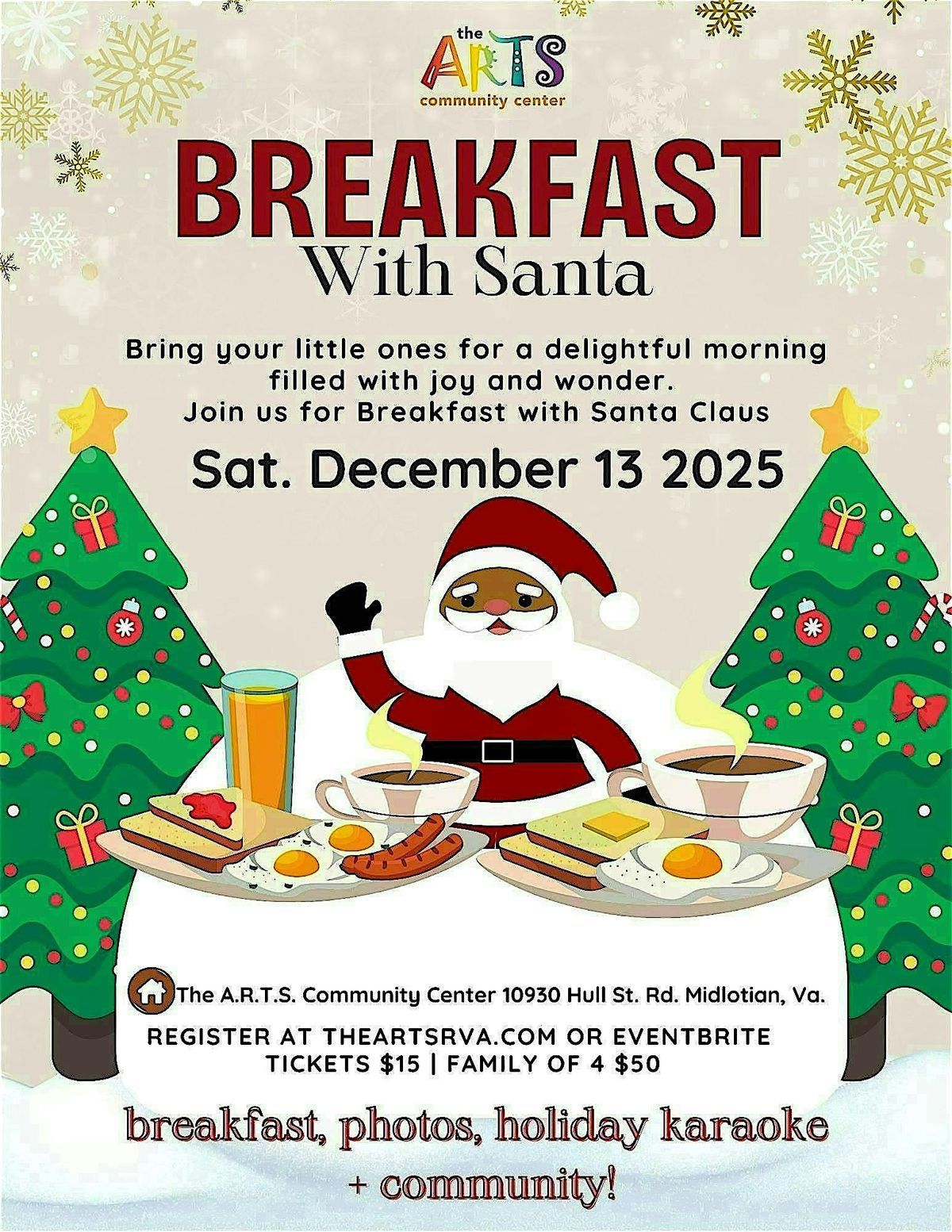 ✨ Breakfast with Santa at The A.R.T.S. Community Center, 13 December | Event in Midlothian | AllEvents