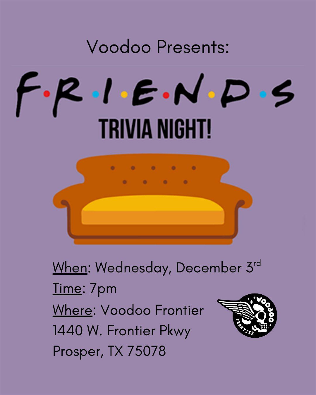 Voodoo Presents: "Friends" Trivia Night, 3 December | Event in Prosper | AllEvents