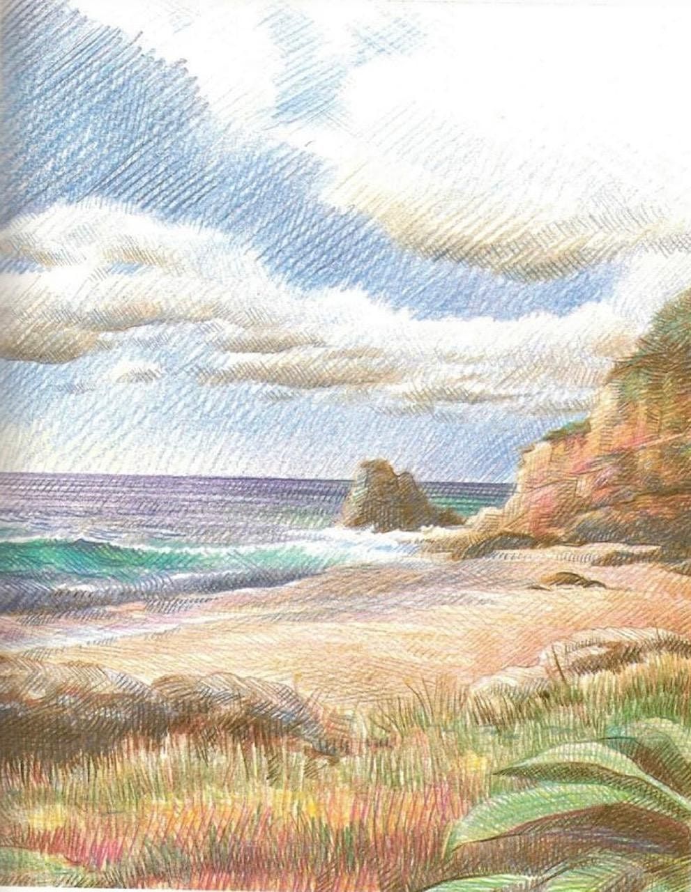 Art with Anita-Colored Pencil Beach and Clouds Drawing, May 5 2023