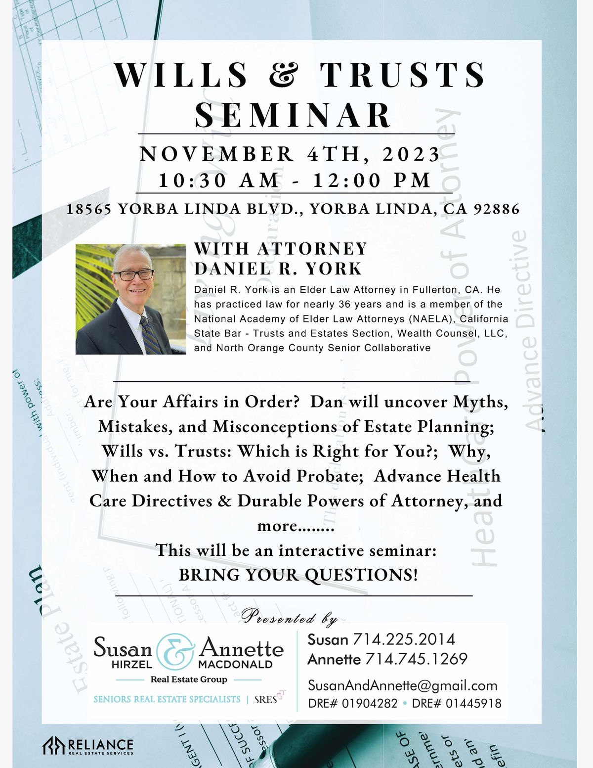 Wills & Trusts Seminar, Reliance Real Estate Services, Yorba Linda, 4