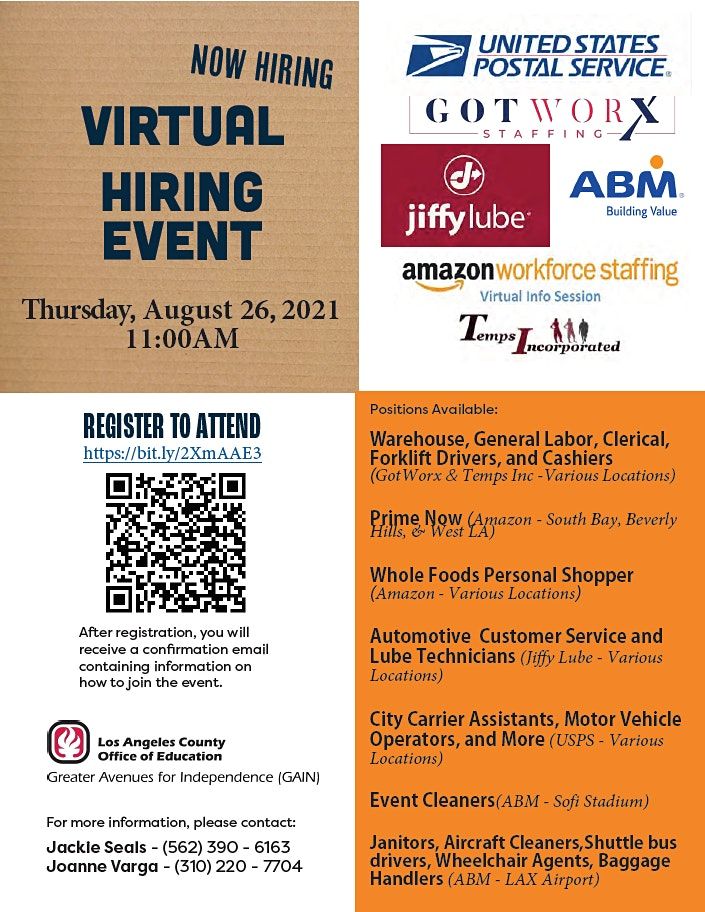Los Angeles Area Virtual Job Fair Several Employers, August 26 2025