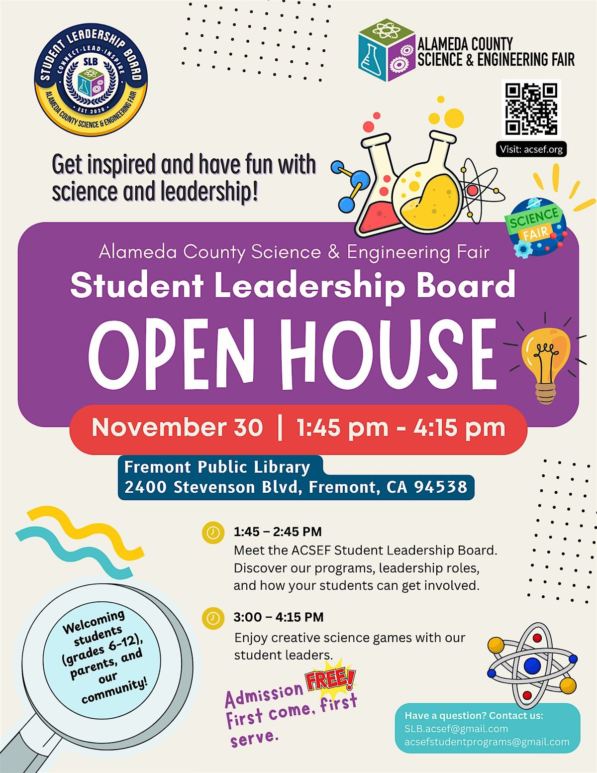 ACSEF Student Leadership Board (SLB) Open House, 30 November | Event in Fremont | AllEvents