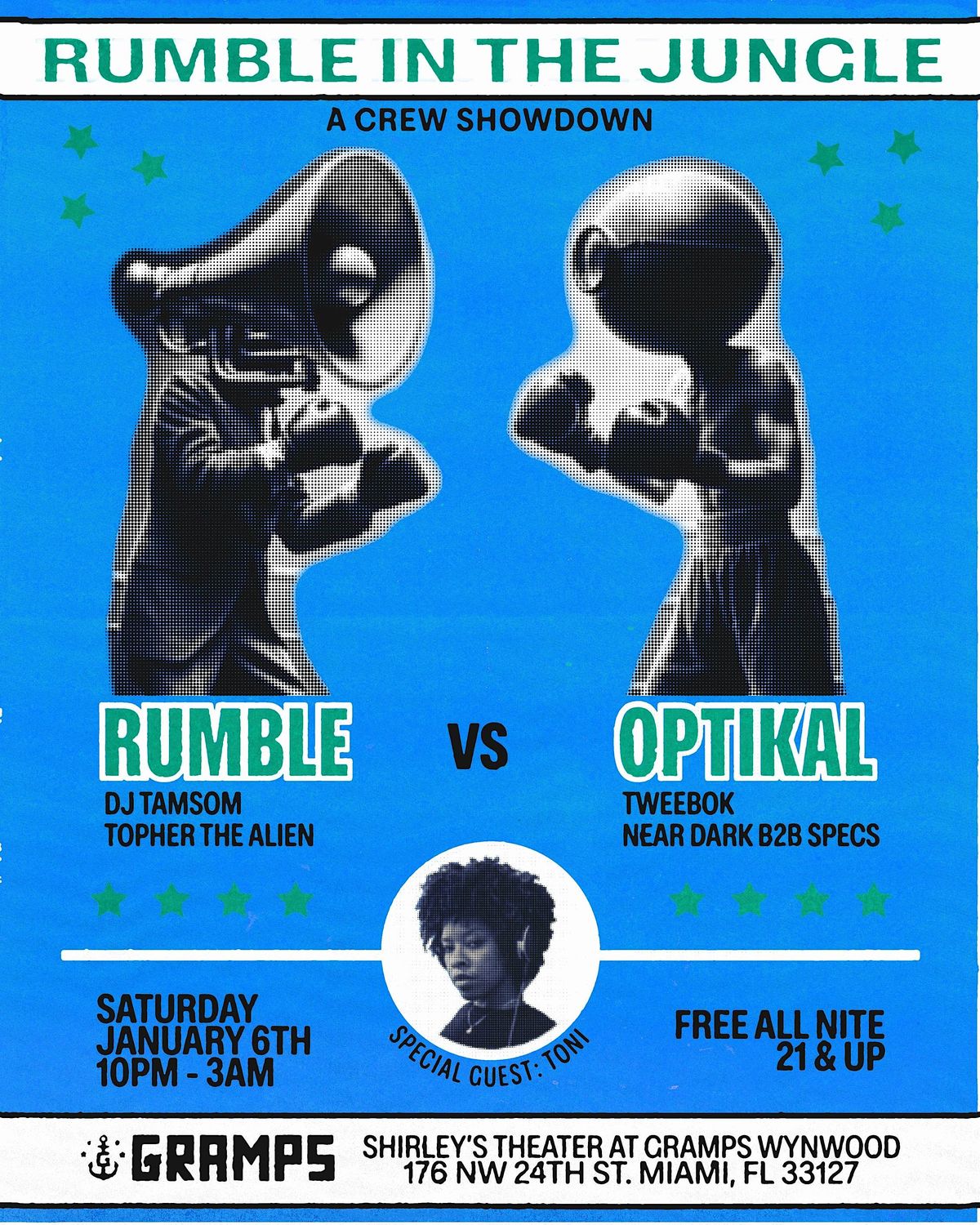 Rumble in the Jungle, Shirley's Theater, Miami, January 6 to January 7