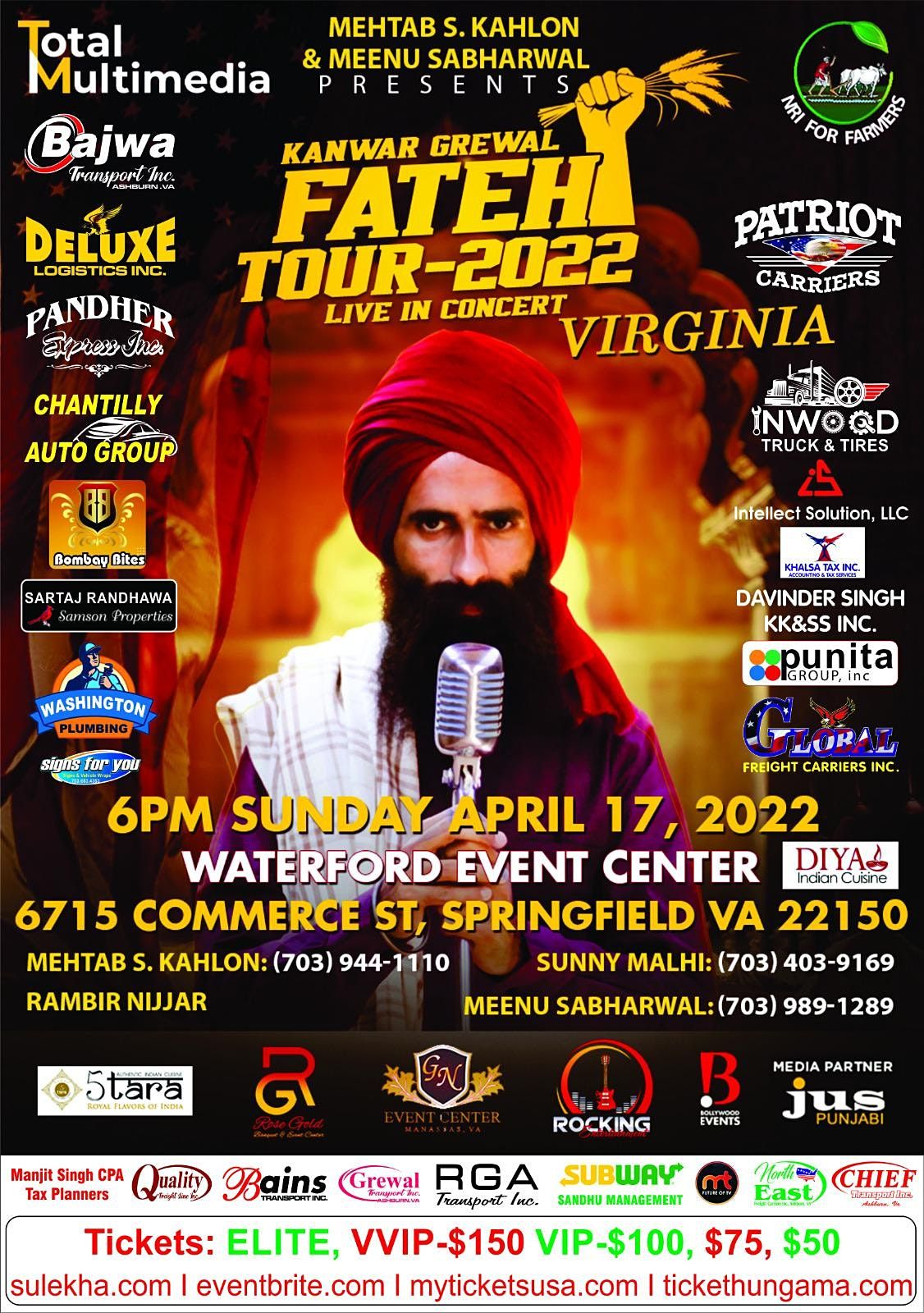 LIVE IN CONCERT Kanwar Grewal Fateh Tour, Waterford Event Center