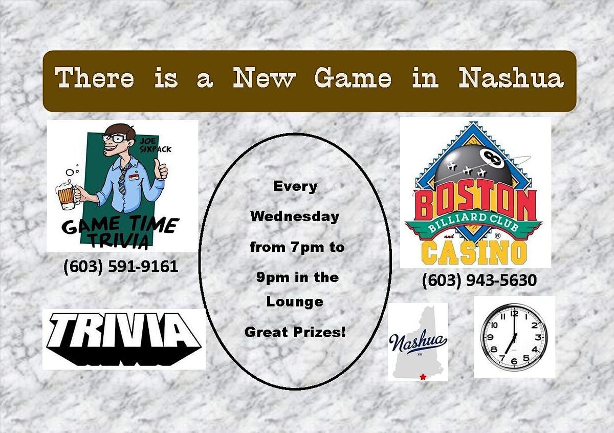 Game Time Trivia Wednesdays at Boston Billiard Club Nashua NH, Boston