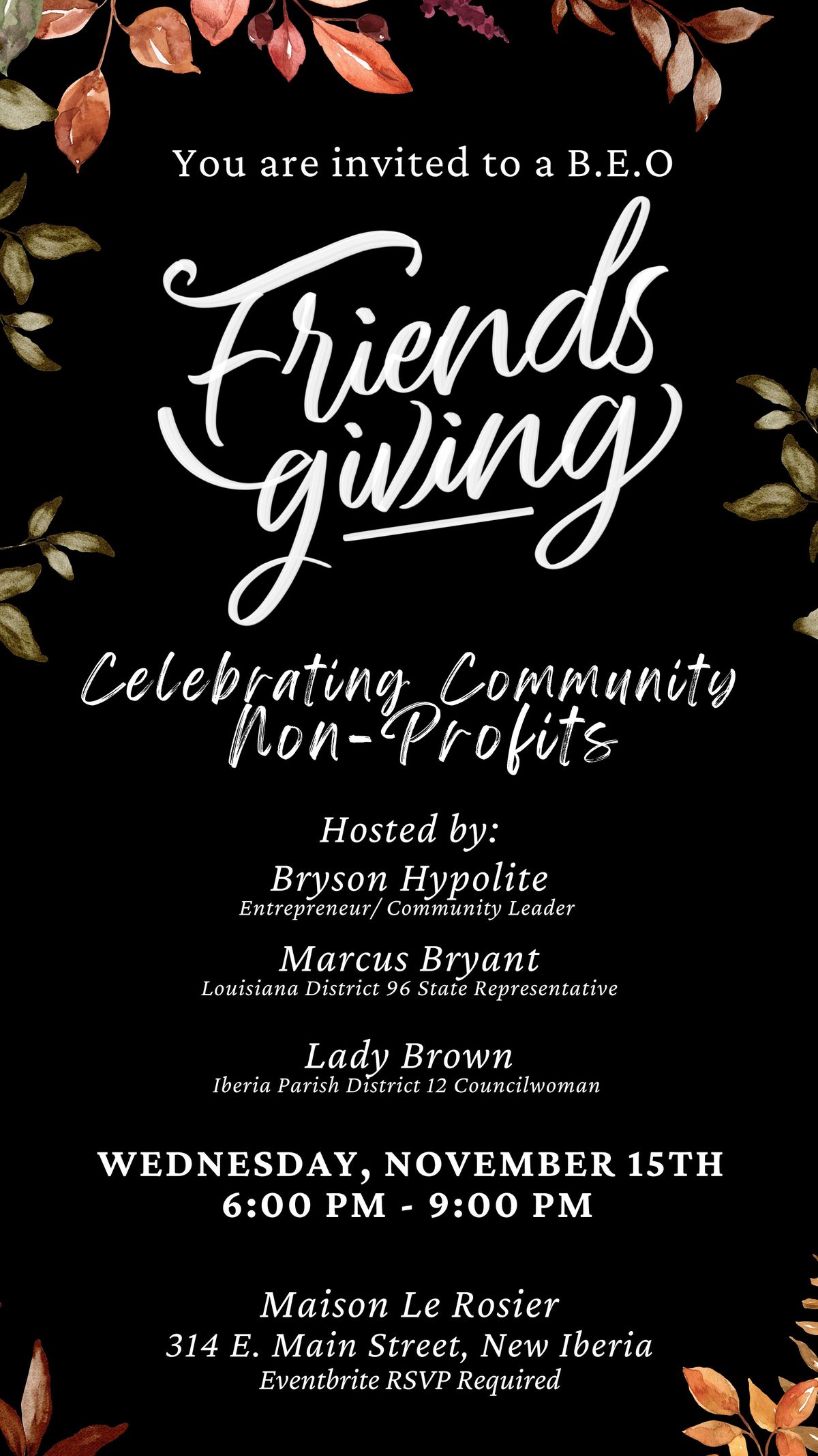 BEO FRIENDSGIVING, Maison Le Rosier, East Main Street, New Iberia, LA