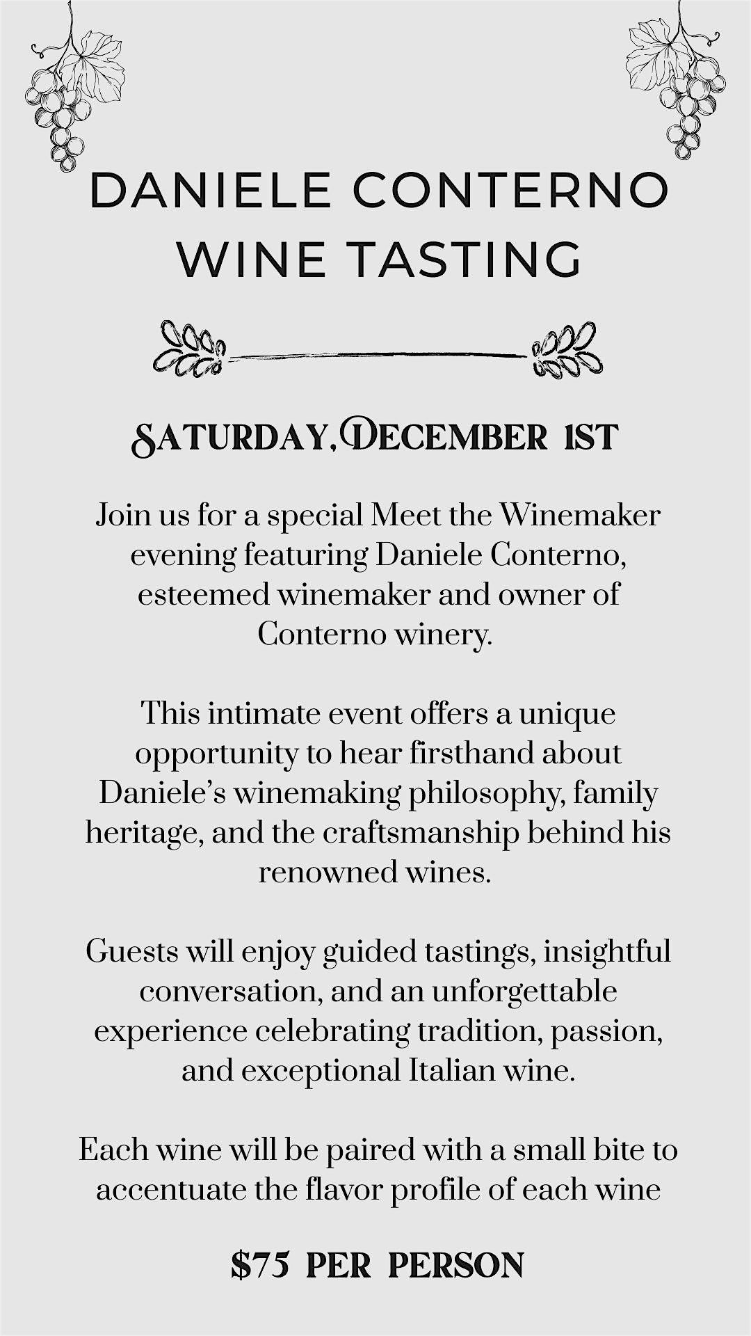 Daniele Conterno Winemaker/Owner Wine Tasting, 1 December | Event in South Pasadena | AllEvents