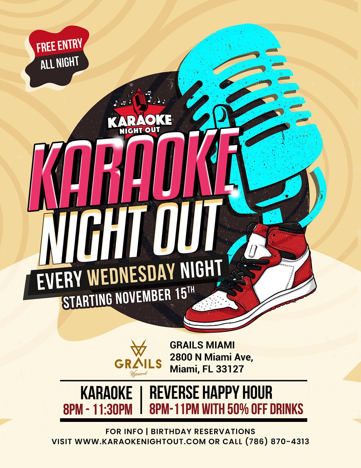 WEDNESDAY! Karaoke Night Out at GRAILS MIAMI WYNWOOD 8PM 12AM, Grails, Miami, November 15