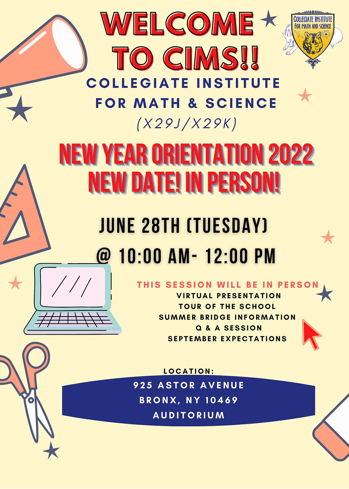 CIMS Freshmen Orientation 2022, X288 Collegiate Institute for Math and CIMS Freshmen Orientation 2022, X288 Collegiate Institute for Math and