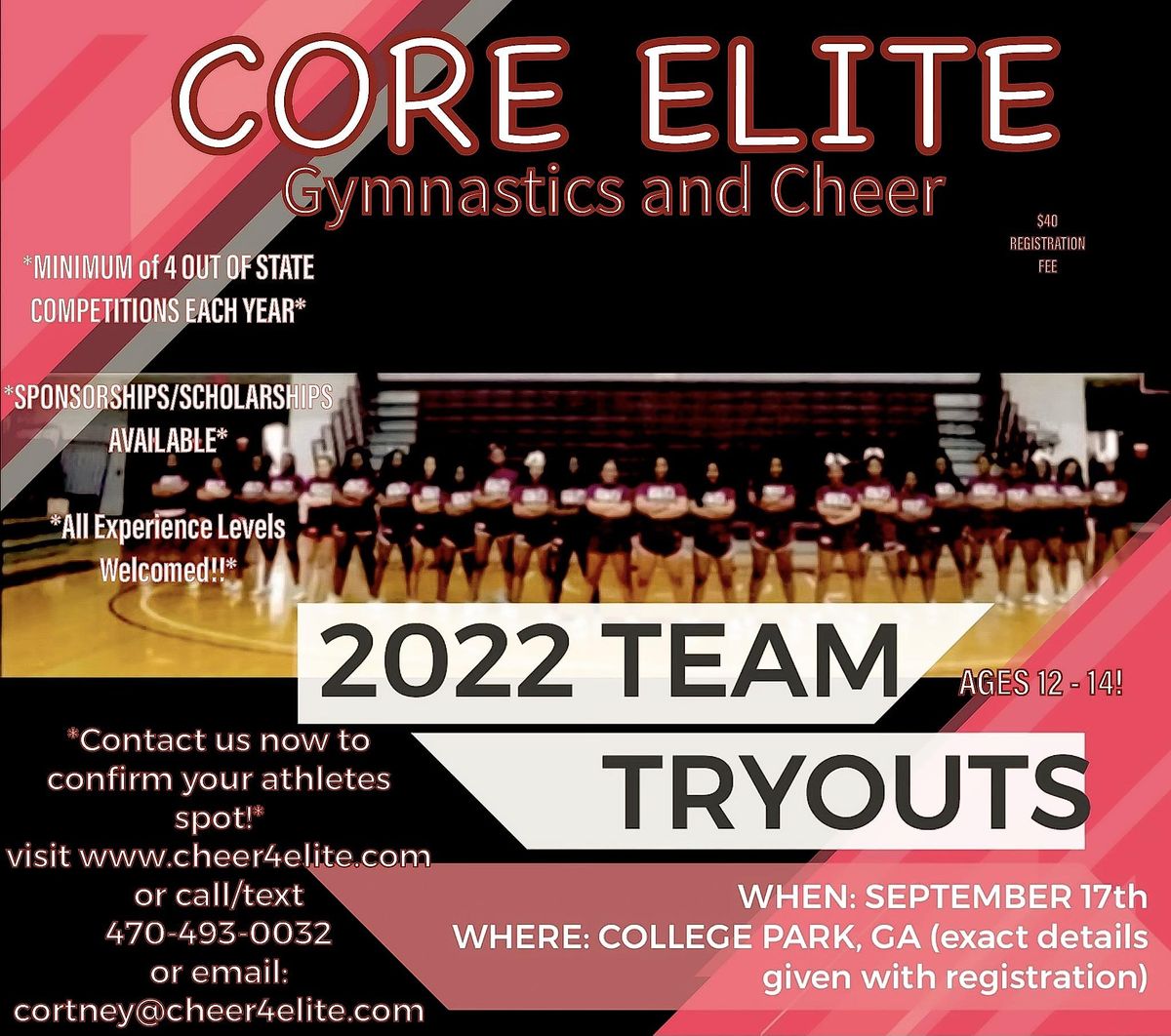 CORE ELITE COMPETITIVE CHEERLEADING TRYOUTS, College Park, 15 October
