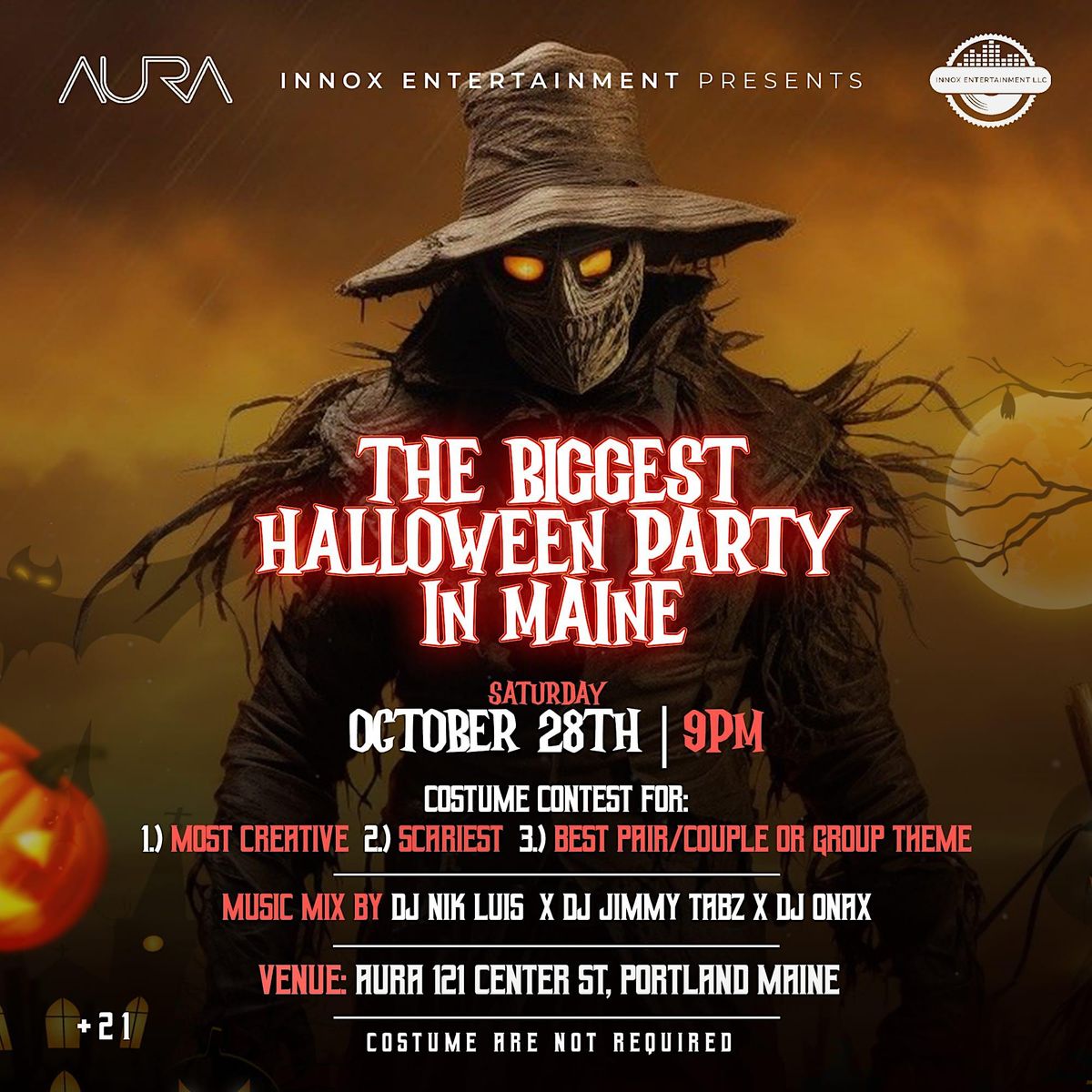 the biggest Halloween party in Maine, Aura, Portland, 28 October to 29