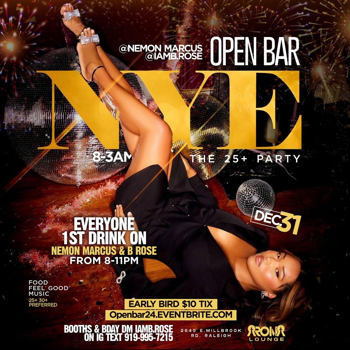 OPEN BAR NYE 2024 the 25+ party, AROMA HOOKAH KITCHEN & LOUNGE, RALEIGH, 31 December to 1