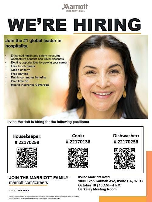 Irvine Marriott Hotel Hiring Event 10/18/2022, Irvine Marriott, October