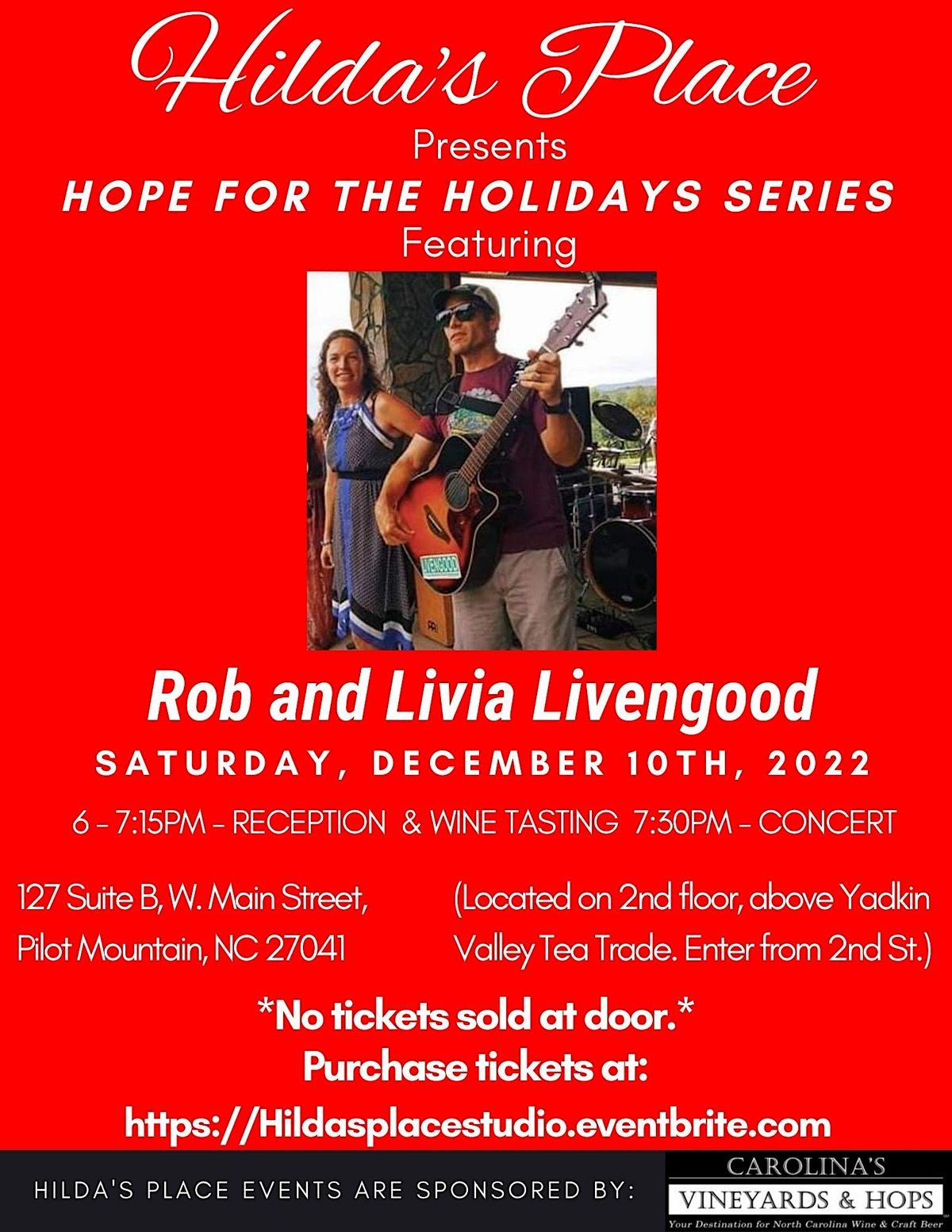 Hildas Place Hope for the Holiday Featuring Rob and Livia Livengood, 127 W Main St suite b
