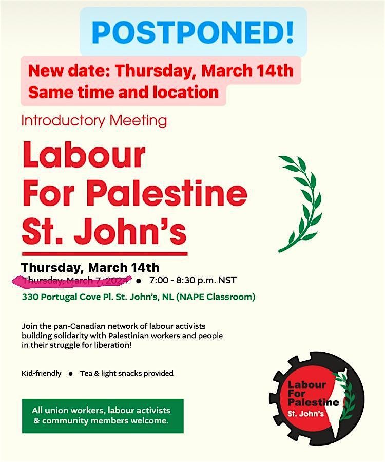 Labour for Palestine St. Johns Introductory Meeting, 330 Portugal