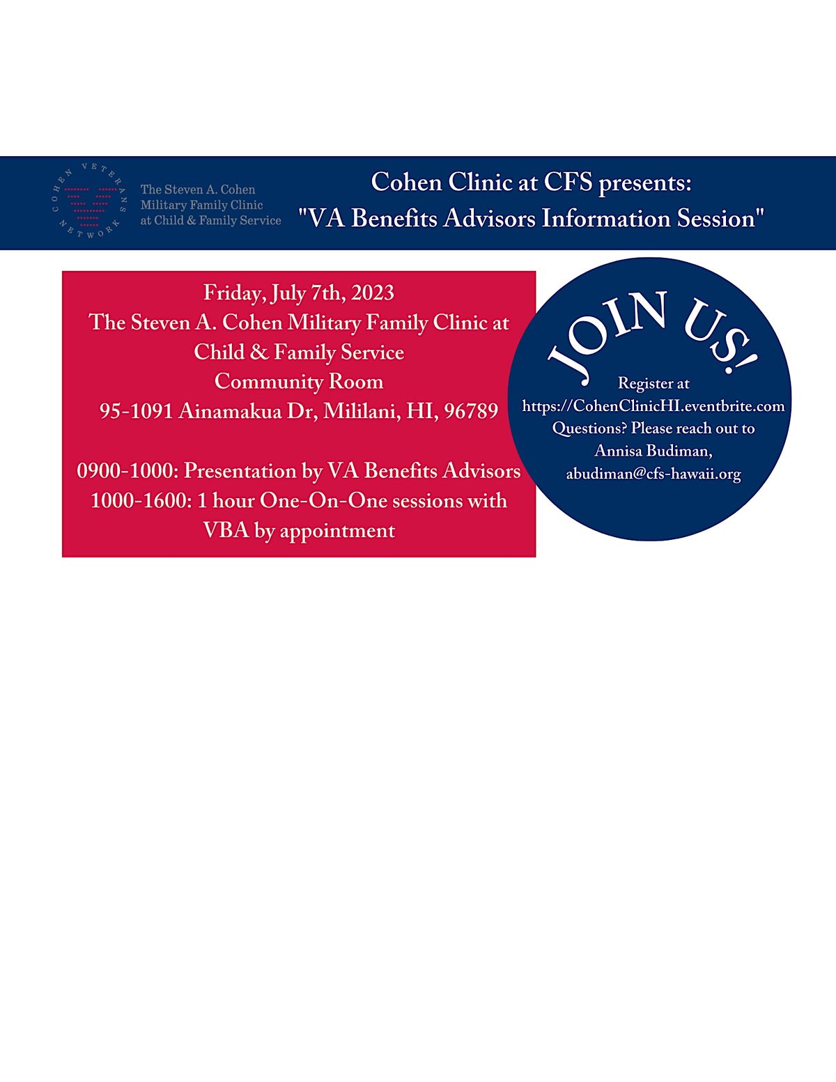 Quarterly Cohen Clinic at CFS presents "VA Benefits Advisors Info
