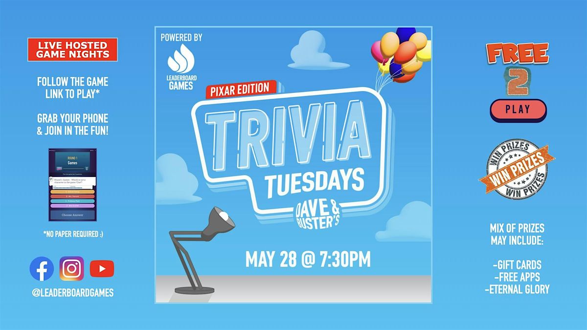 PIXAR Theme Trivia Dave & Busters Overland Park KS TUE 05/28