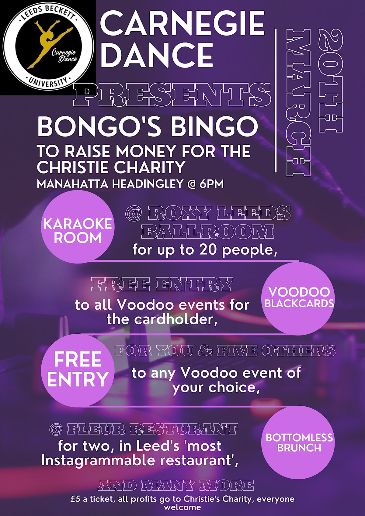 CARNEGIE DANCE’S BONGOS BINGO, Manahatta, Headingley, 20 March 2023