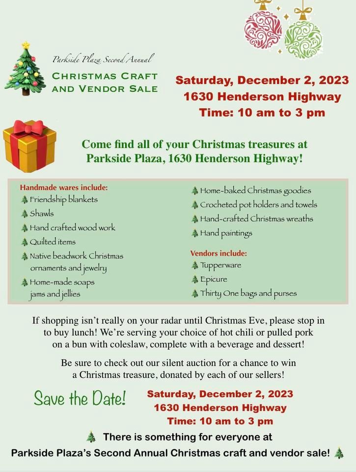 Parkside Plaza Christmas Craft and Vendor Sale, Second Annual, 1630 Henderson Hwy, Winnipeg, MB